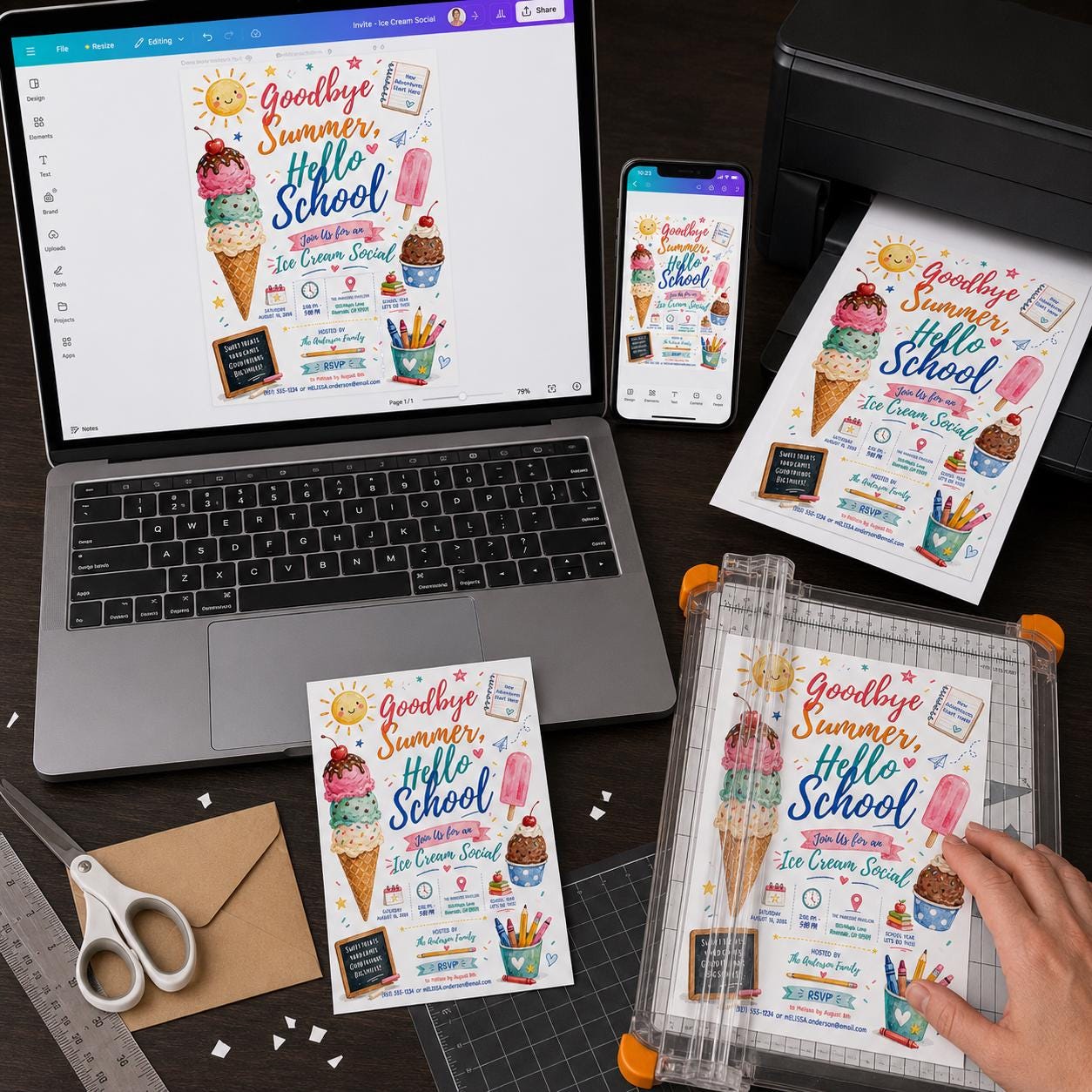 Back to School Ice Cream Social Invitation, Goodbye Summer Hello School Party, Watercolor Editable Canva Template - Image 4