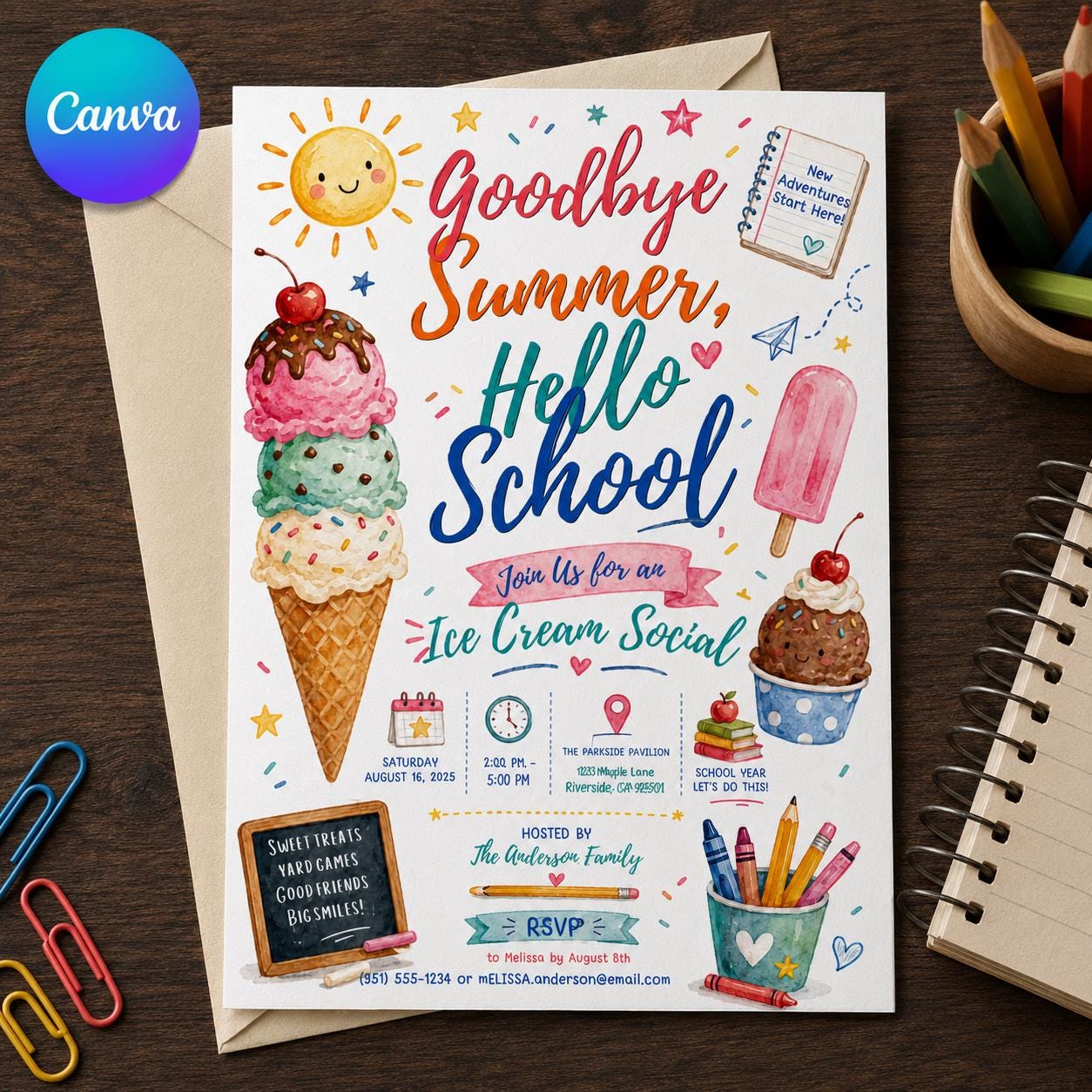 Back to School Ice Cream Social Invitation, Goodbye Summer Hello School Party, Watercolor Editable Canva Template