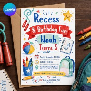 School Birthday Invitation, Recess Party for 5th Birthday, Colorful Watercolor Kids Invite, Editable Canva Template