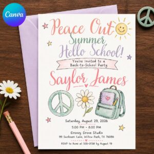 Back to School Party Invitation, Peace Out Summer Hello School, Groovy Watercolor Girls Invite, Editable Canva Template