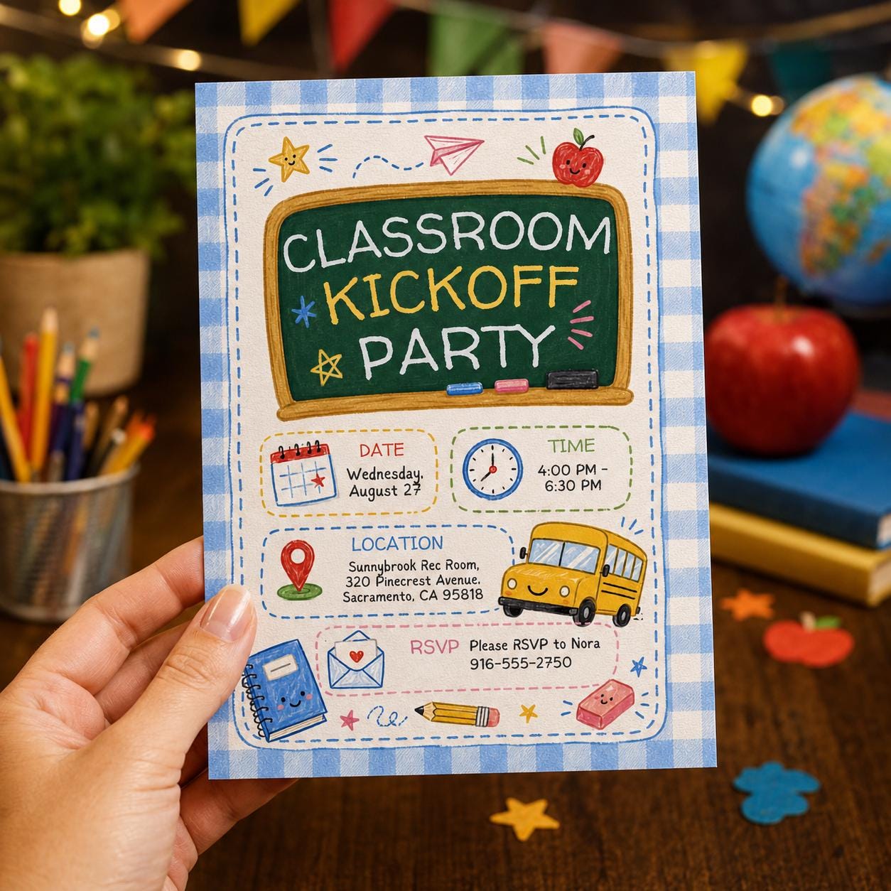 Classroom Kickoff Party Invitation, Back to School Chalkboard Invite, School Bus Celebration, Editable Canva Template - Image 3