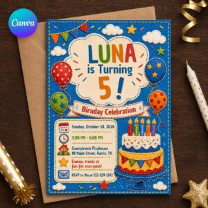 5th Birthday Invitation, Colorful Balloon Cake Party Invite, Faux Embroidery Kids Celebration, Editable Canva Template