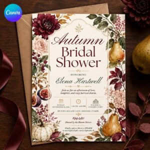 Fall Bridal Shower Invitation, Autumn Burgundy Floral Pumpkin Pear Invite, Elegant Editable Canva Template