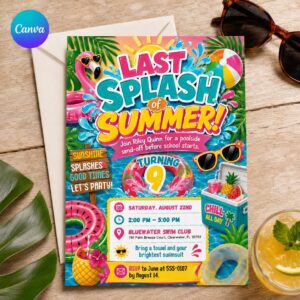 9th Birthday Pool Party Invitation, Last Splash of Summer Flamingo Tropical Invite, Editable Canva Template