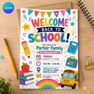 Back to School Party Invitation, Colorful Rainbow School Bus Family Welcome Back Invite, Editable Canva Template
