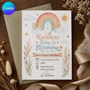 Rainbow Baby Shower Invitation, Boho Pastel Pampas Grass Gender Neutral Invite, Editable Canva Template