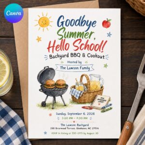 Back to School BBQ Invitation, Backyard Cookout Party, Goodbye Summer Hello School Picnic, Editable Canva Template