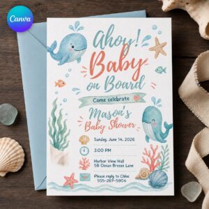 Whale Baby Shower Invitation, Ahoy Baby on Board Ocean Theme, Watercolor Boy Shower Invite, Editable Canva Template