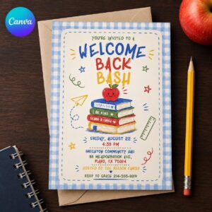 Welcome Back to School Bash Invitation, Watercolor Gingham Family Party Flyer, Editable Canva Template