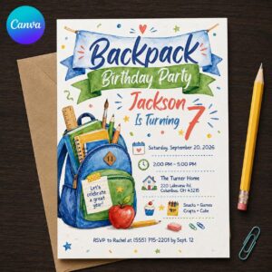 Backpack Birthday Invitation, School Supplies 7th Birthday Party for Boys, Editable Watercolor Kids Canva Template