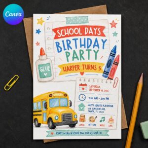 School Birthday Invitation, School Bus 5th Birthday Party for Kids, Editable Classroom Theme Canva Template
