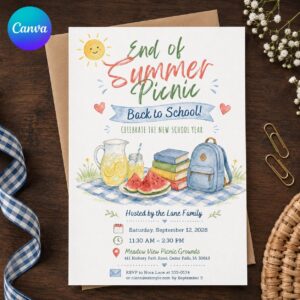 End of Summer Picnic Invitation, Back to School Family Party, Watermelon Outdoor Event Editable Canva Template