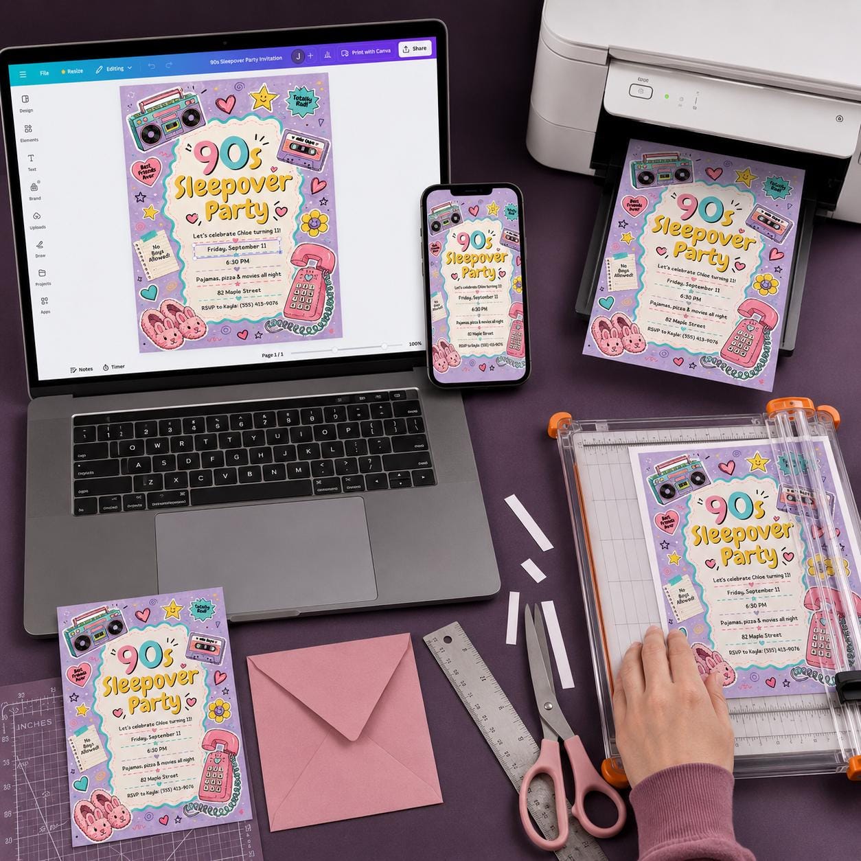 90s Sleepover Invitation, Retro Slumber Party Invite for Tween Girls, Pajama Movie Night Birthday Canva Template - Image 4
