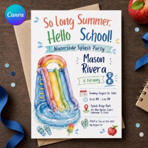 Waterslide Birthday Invitation, Water Slide Splash Party Invite for Boys, 8th Birthday Summer Pool Canva Template