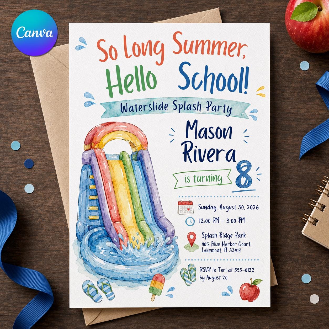 Waterslide Birthday Invitation, Water Slide Splash Party Invite for Boys, 8th Birthday Summer Pool Canva Template