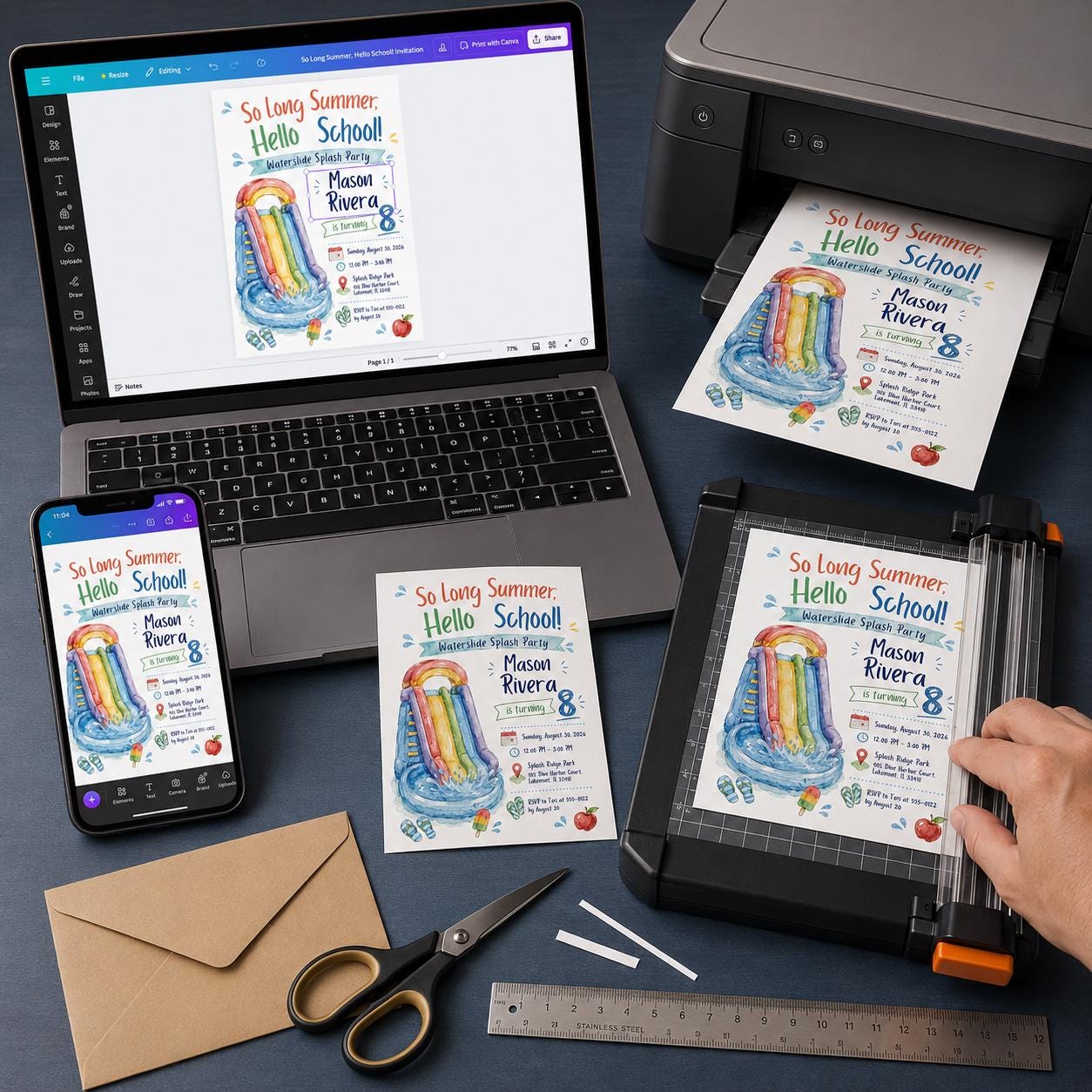 Waterslide Birthday Invitation, Water Slide Splash Party Invite for Boys, 8th Birthday Summer Pool Canva Template - Image 5