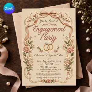Engagement Party Invitation, Blush Floral Vintage Wedding Celebration, Elegant Romantic Editable Canva Template