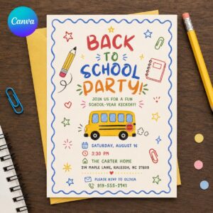 Back to School Party Invitation, School Bus Bash Invite, First Day Classroom Celebration, Editable Printable Canva Template
