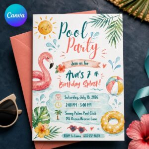 Pool Party Birthday Invitation, Girl 7th Birthday Splash Invite, Flamingo Tropical Watercolor Editable Printable Canva Template