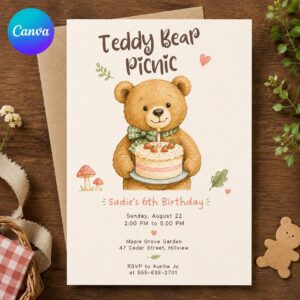 Teddy Bear Picnic Invitation, Girl 6th Birthday Party Invite, Woodland Strawberry Bear Editable Printable Canva Template
