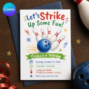 Bowling Birthday Invitation, Strike Up Some Fun 6th Birthday Party Invite, Kids Watercolor Editable Printable Canva Template