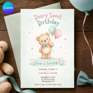 Teddy Bear Birthday Invitation, Beary Sweet 3rd Birthday Party, Pastel Balloon Editable Printable Canva Template