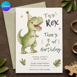 Two Rex Birthday Invitation, Dinosaur 2nd Birthday Party Invite, Green T Rex Watercolor Editable Printable Canva Template