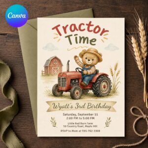 Tractor Birthday Invitation, 3rd Birthday Boy Farm Party Invite, Teddy Bear Farmer Editable Printable Canva Template