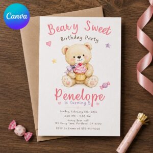 Teddy Bear Birthday Invitation, Beary Sweet 5th Birthday Girl Party, Pastel Watercolor Editable Printable Canva Template