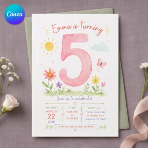 5th Birthday Girl Invitation, Floral Watercolor Party Invite, Butterfly Garden Editable Printable Canva Template