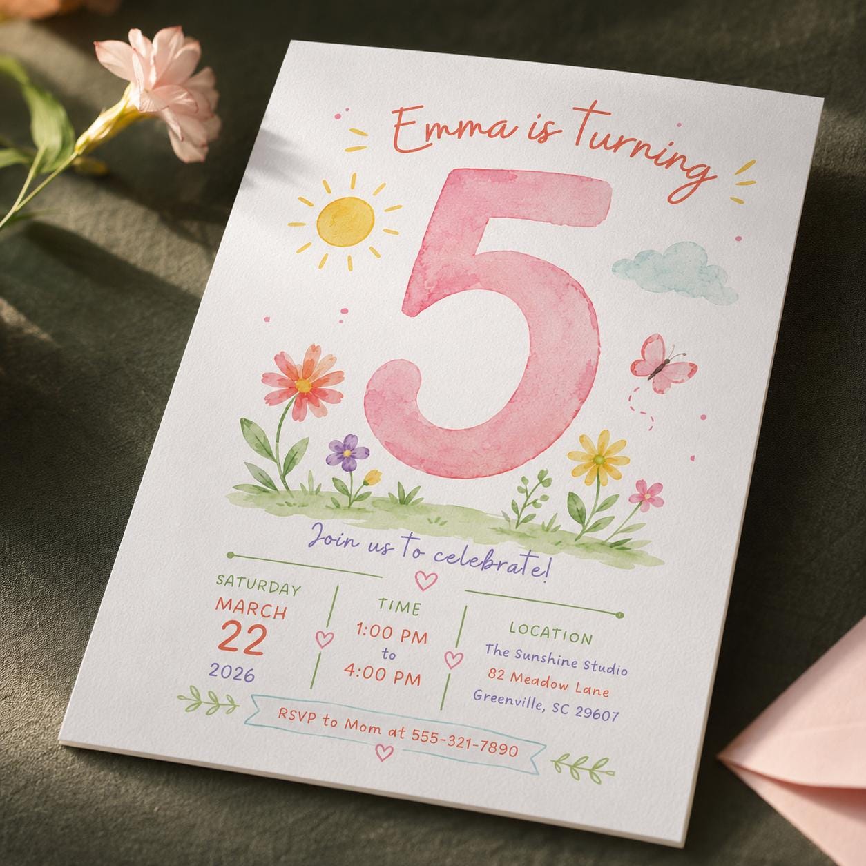 5th Birthday Girl Invitation, Floral Watercolor Party Invite, Butterfly Garden Editable Printable Canva Template - Image 6