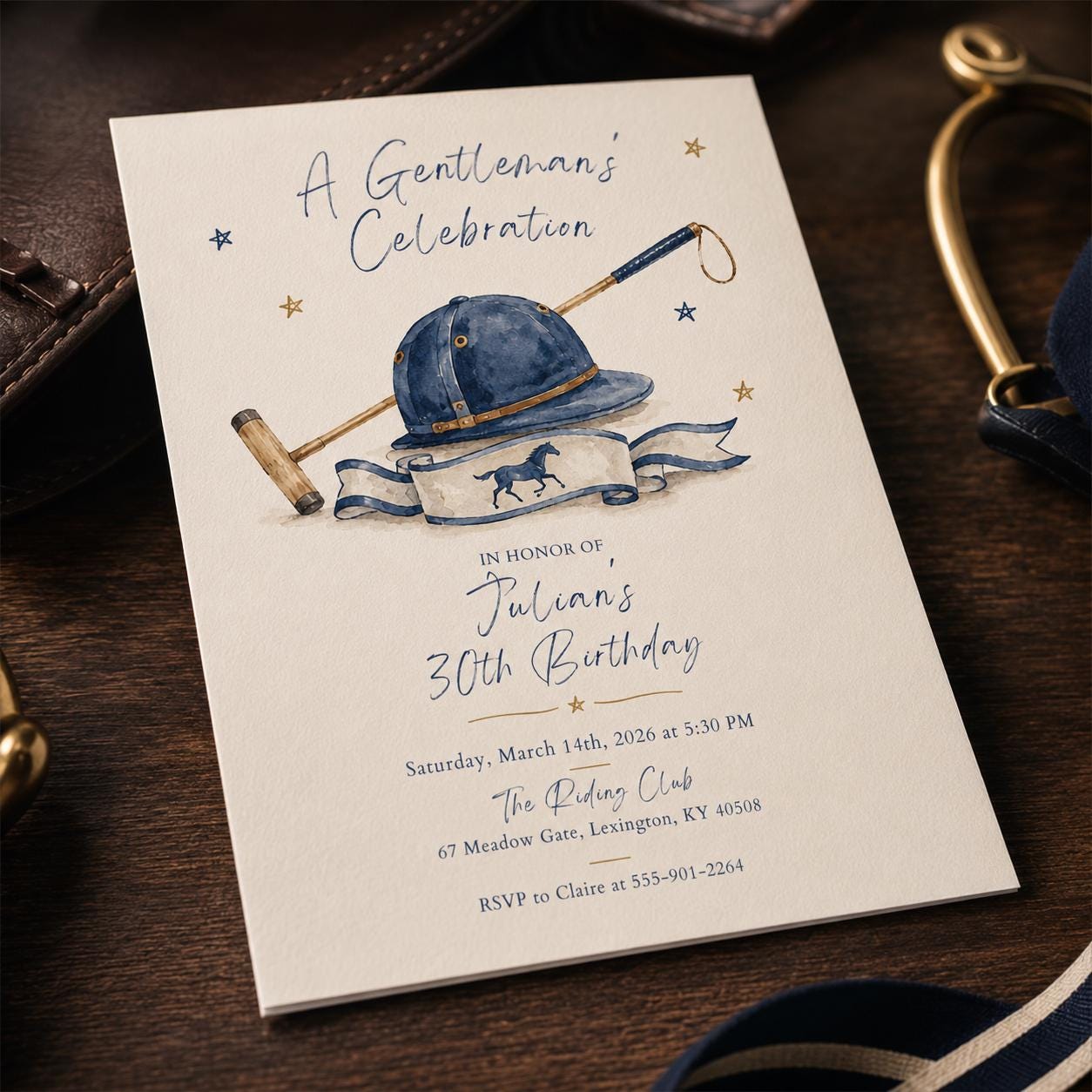 Equestrian 30th Birthday Invitation, Gentleman Horse Riding Celebration, Navy Gold Editable Printable Canva Template - Image 3