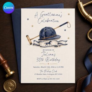 Equestrian 30th Birthday Invitation, Gentleman Horse Riding Celebration, Navy Gold Editable Printable Canva Template
