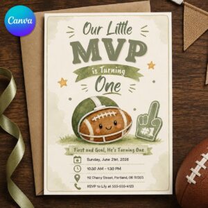 Football First Birthday Invitation, First Year Down Little MVP Party, Neutral Green Editable Printable Canva Template