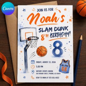 Basketball Birthday Invitation, Slam Dunk 8th Birthday Boy Sports Party, Editable Printable Canva Template