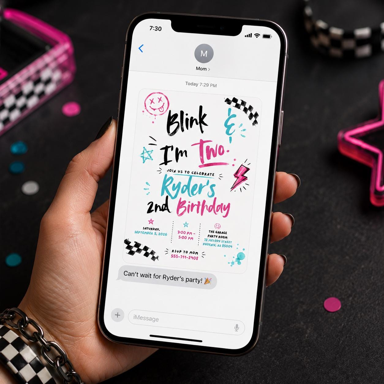 Punk Rock 2nd Birthday Invitation, Blink and I'm Two Checkered Kids Party, Editable Printable Canva Template - Image 5