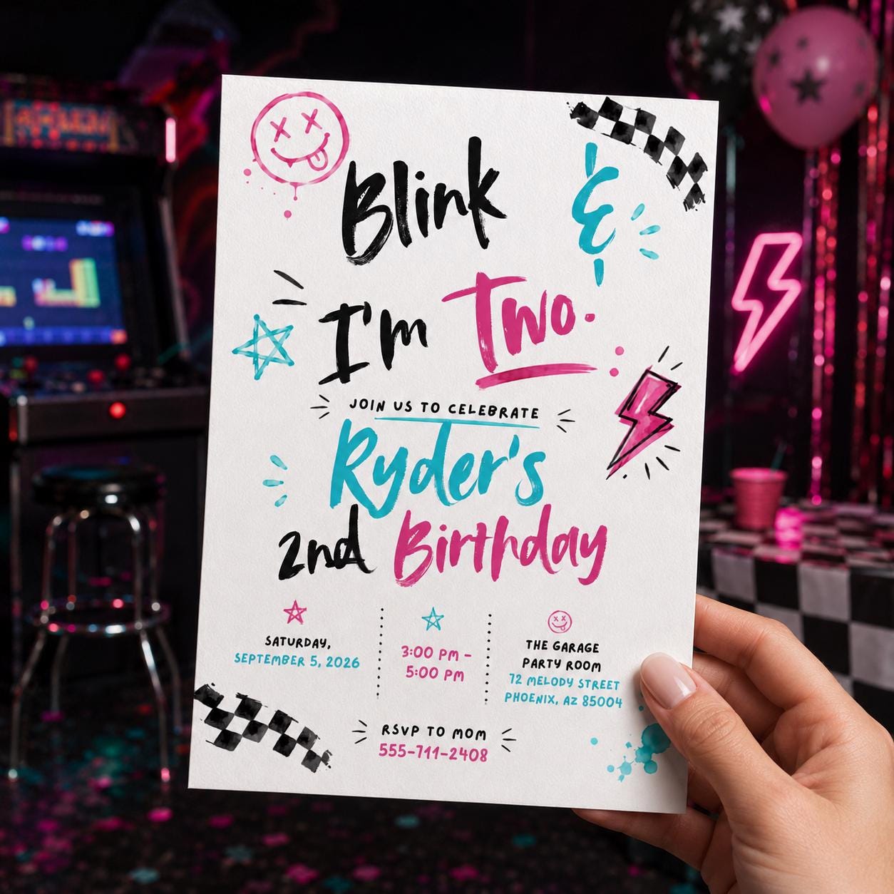 Punk Rock 2nd Birthday Invitation, Blink and I'm Two Checkered Kids Party, Editable Printable Canva Template - Image 6