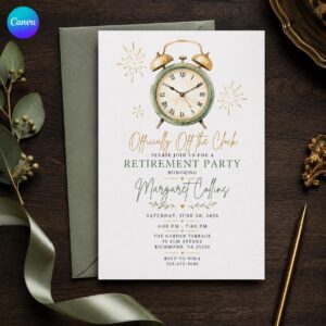 Retirement Party Invitation, Officially Off the Clock, Elegant Vintage Clock Editable Printable Canva Template