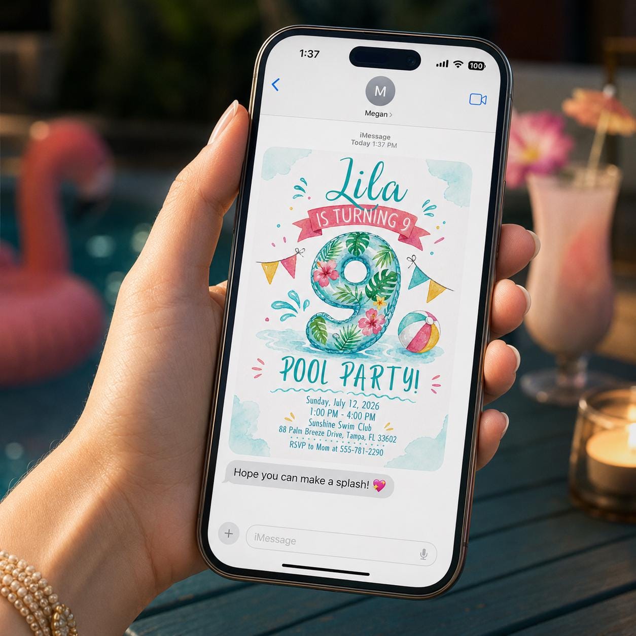 9th Birthday Pool Party Invitation, Tropical Number Nine Summer Swim Party, Editable Printable Canva Template - Image 6