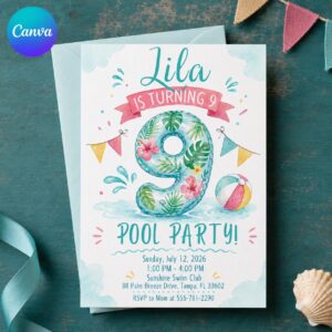 9th Birthday Pool Party Invitation, Tropical Number Nine Summer Swim Party, Editable Printable Canva Template