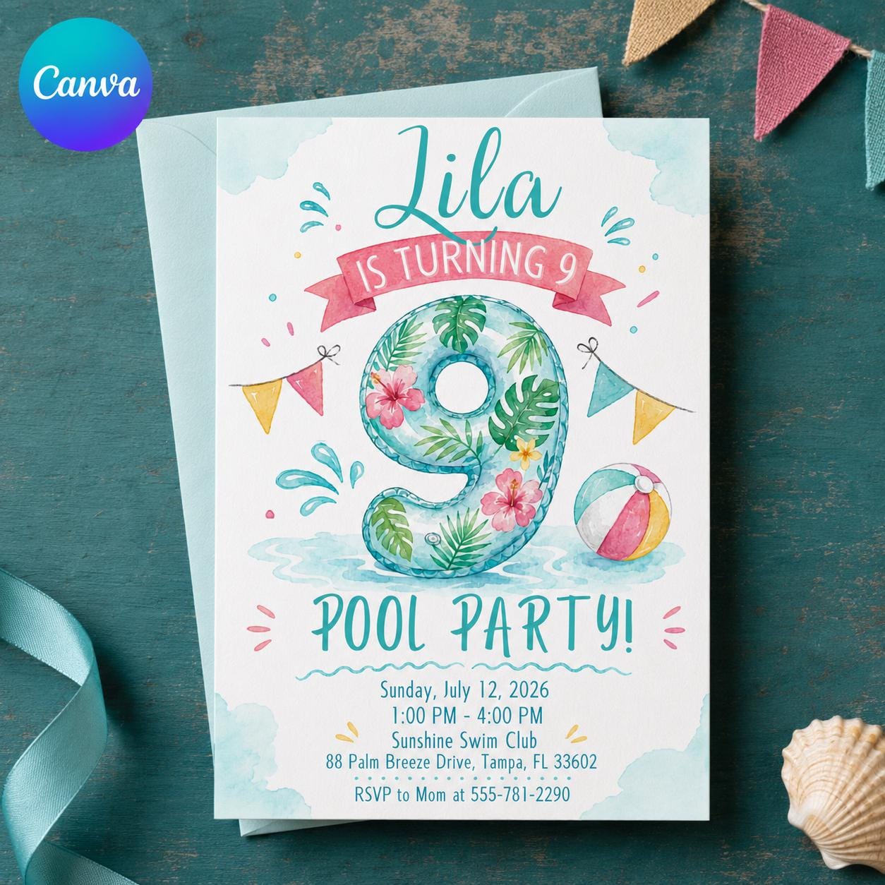 9th Birthday Pool Party Invitation, Tropical Number Nine Summer Swim Party, Editable Printable Canva Template