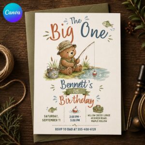 Fishing First Birthday Invitation, The Big One Teddy Bear Angler Party, Neutral Watercolor Editable Printable Canva Template