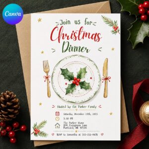Christmas Dinner Invitation, Elegant Holly Holiday Party Invite, Editable Family Gathering Printable Canva Template