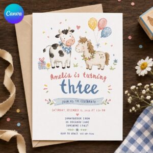 Farm Animal Birthday Invitation, 3rd Birthday Girl Cow and Horse Barnyard Party, Watercolor Editable Canva Template