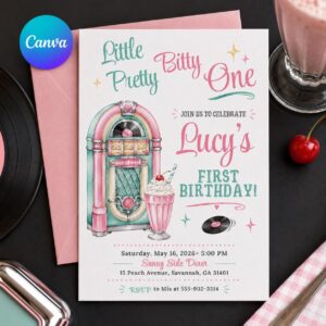 First Birthday Invitation Girl, Retro 1950s Jukebox Little Bitty Pretty One, Editable Printable Canva Template