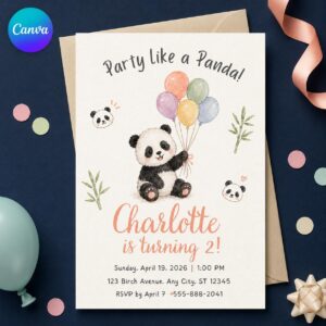 Panda 2nd Birthday Invitation, Party Like a Panda Girl Birthday, Pastel Watercolor Editable Canva Template