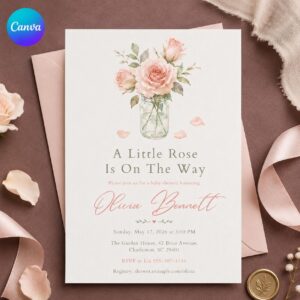 Little Rose Baby Shower Invitation, Blush Pink Floral Girl Shower, Elegant Editable Printable Canva Template