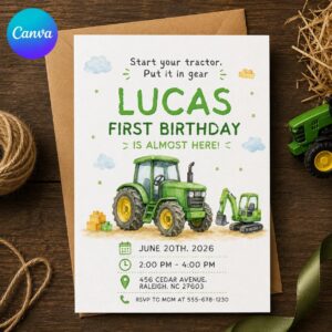 Tractor First Birthday Invitation, Green Farm Construction Party for Boy, Editable Printable Canva Template