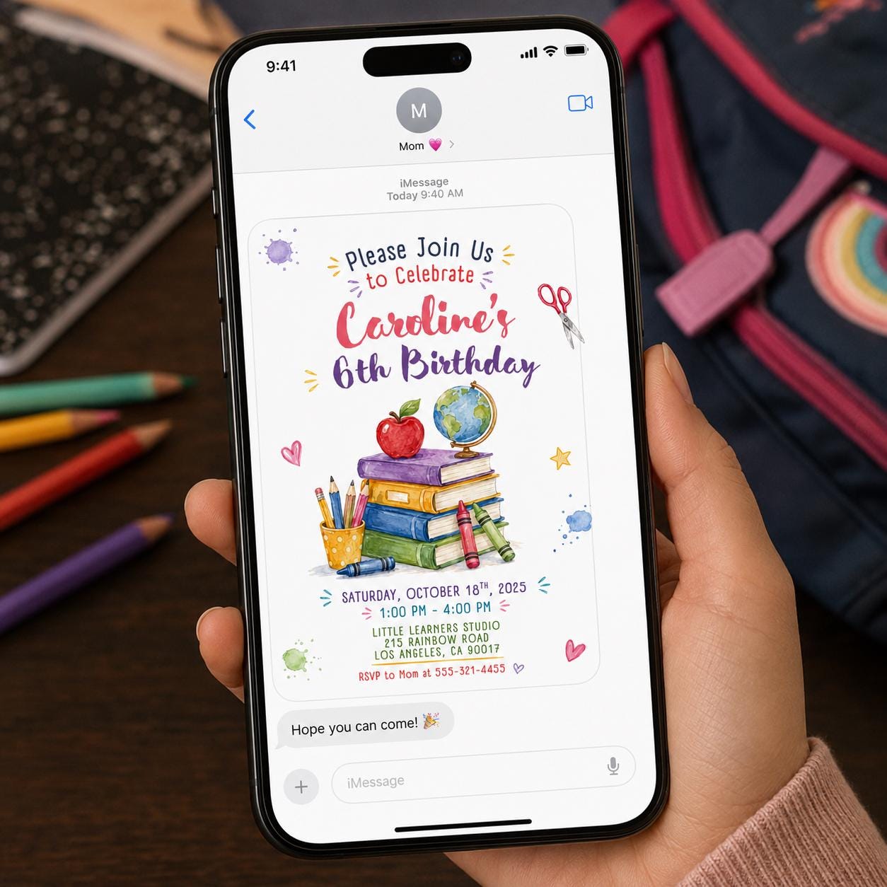 School Birthday Invitation, 6th Birthday Girl Classroom Party, Watercolor Books and Globe, Editable Printable Canva Template - Image 3