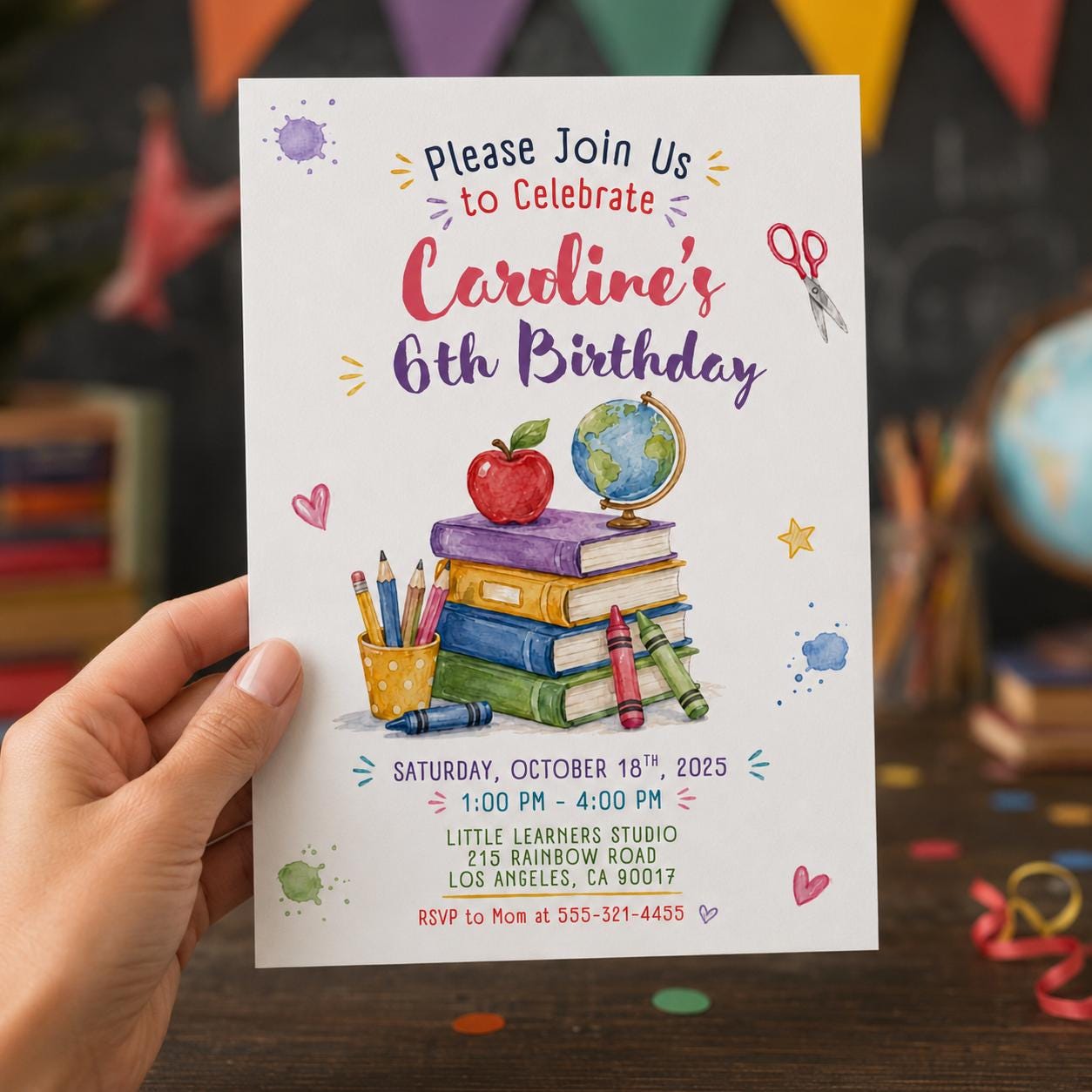 School Birthday Invitation, 6th Birthday Girl Classroom Party, Watercolor Books and Globe, Editable Printable Canva Template - Image 4